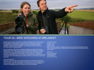 TOUR 34 - BIRD WATCHING AT ØRLANDET
Ørlandet Ramsar wetland comprises four protected marshland areas. The best known is
the Grandefjaera nature reserve, an important area for migrating and molting birds.
Grandefjaera is an ornithologist‟s paradise; as many as 210 species have been
registered! Together with the ornithologist, you will observe the various birds from
the newly opened bird watching tower.
Near the wetlands is Uthaug Farm, a traditional Norwegian farmstead with buildings
dating back to 1740. There you will be served a traditional, Norwegian lunch consisting
of Rømmegrøt, a sour cream porridge traditionally served with cured meats and flat
bread (thin, crisp bread) and fresh lemonade. A rhubarb dessert and coffee/tea will
complete the meal. After lunch, you will be able to explore the farm area together with your
private guide. The main building has an impressive collection of old furniture, textiles and
equipment.
TOUR DESCRIPTION
Departing Trondheim harbor on the express boat bound for Kristiansund. Sailing past
some of Norway‟s best agricultural areas, you will after an hour arrive in Brekstad on the
Fosen peninsula, where you will disembark. The tour starts as you drive for about 15
minutes to Grandefjæra where you will meet up with a local ornithologist.

FIGURES & FACTS
Duration: 7 hours
Capacity: High
Season: All year
Note: Good shoes required, if possible waterproof and wearwindproof/waterproof jacket.
There are telescopes for loan. We still recommend to bring your own binoculars and don‟t
forget camera.
SUPPLIER
Ørland Coastal Hotel
post@kysthotell.no
www.kysthotell.no
Tel: +47 72 51 33 00

 