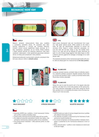 22
1
MECHANICKÉ VODNÍ VÁHY
LIBELA
Masivní, akrylové, nárazuvzdorné libely jsou vyráběny
z vynikajícho optického akrylu. Při usazování jsou elek-
tronicky kalibrované a zaručují tak vynikající přesnost.
Unikátní	 výrobní	 proces	 společnosti	 Kapro	 zaručuje,	 že	 li-
bely neprosakují, nepraskají, ani se nemlží. Pohyb bublinky
v libele nebude ovlivněn ani statickou elektřinou. Díky všem
uvedeným vlastnostem, může společnost garantovat doživotní
záruku na libely proti prosakování nebo praskání.
Deklarované přesnosti mechanických vodováh s akrylovými libe-
lami jsou vždy pro měření v základní poloze.
vIAL
Solid acrylic shockproof vials are manufactured from supe-
rior,	 high	 grade	 optical	 acrylic.	 While	 seated	 to	 the	 level´s	
body, all vials are electronically calibrated to ensure the
accuracy	 limits.	 Kapro´s	 unique	 treatment	 processes,	 en-
sure the vials will not leak, break or fog. The bubble move-
ment in our vials will not be affected by static electricity as
well. It is all of those things together that allow Kapro to offer
a lifetime warranty against the leakage or breakage of our solid
adrylic vials.
The declared precisions of the mechanical spirit levels with acry-
lic vials are always given for measurement in the base position.
pLuMB sITE
Umožňuje	přenést	hodnotu	vertikální	libely	do	běžného	(boční-
ho)	i	předního	pohledu	současně.	Největší	výhodou	Plumb	Site	
je,	že	eliminuje	paralaxní	chybu,	a	proto	je	kontrola	hodnot	přes	
Plumb Site mnohem přesnější.
pLuMB sITE
Allows the user to read the plumb vial in the regular side-view
position, and also from a front-view position at the same time.
The most important advantage is that when using the Plumb
Site,	parallax	error	is	completely	eliminated,	hence	the	level	rea-
ding is much more accurate.
•	Vodováhy	KAPRO	jsou	vyráběny	z	různě	tvarovaných	hliníko-
vých profilů s rozdílnou tloušťkou stěny
•	Tuhost profilu ovlivňuje kromě tloušťky stěny též tvar profilu.
•	Pro vzájemné porovnání jednotlivých profilů mezi sebou, zná-
zorňujeme mechanickou odolnost profilu formou hvězdiček.
•	Více probarvených hvězdiček = větší odolnost profilu na ohyb
a pád z výšky.
•	KAPRO	levels	are	made	of	various	shaped	aluminium	profiles	
with different thickness of side.
•	The stiffness of profile is influenced by the thickness of side
and by the mould of profile too.
•	For	mutual	comparison	of	individual	profiles	in	between	them-
selves, is presented by the mechanical resistance in form of
stars.
•	More coloured stars = profile is more resistance to bend and
to fall over height.
MALá OdOLNOsT sTŘEdNí OdOLNOsT NEJvĚTŠí OdOLNOsT
 