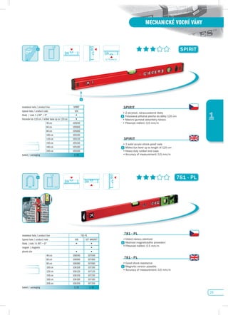 25
1
MECHANICKÉ VODNÍ VÁHY
spIRIT
modelová řada / product line SPIRIT
typová řada / product code 105
libely / vials 1 x 90° + 0° •
frézování do 120 cm / milled base up to 120 cm •
40 cm 105040
60 cm 105060
80 cm 105080
100 cm 105100
120 cm 105120
150 cm 105150
180 cm 105180
200 cm 105200
balení / packaging 1/10
spIRIT
•	2 akrylové, nárazuvzdorné libely
•	Frézovaná	příložná	plocha	do	délky	120	cm	
•	Masivní gumové absorbéry nárazu
•	Přesnost	měření:	0,5	mm/m	
spIRIT
•	2 solid acrylic shock proof vials
•	Milled	box	level	up	to	length	of	120	cm
•	Heavy duty rubber end caps
•	Accuracy	of	measurement:	0,5	mm/m
1,8	
1,8	
2,0
0,75mm/m
781 - pL
modelová řada / product line 781-PL
typová řada / product code 106 107 MAGNET
libely / vials 1 x 90° + 0° • •
magnet / magnetic - •
plumb site • •
40 cm 106040 107040
60 cm 106060 107060
80 cm 106080 107080
100 cm 106100 107100
120 cm 106120 107120
150 cm 106150 107150
180 cm 106180 107180
200 cm 106200 107200
balení / packaging 1/10 1/10
781 - pL
•	Dobrá nárazu odolnost
Možnost magnetického provedení
•	Přesnost	měření:	0,5	mm/m	
781 - pL
•	Good	shock	resistance
•	Magnetic version possible
•	Accuracy	of	measurement:	0,5	mm/m
 