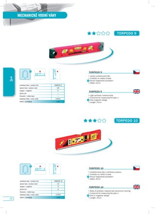 28
1
MECHANICKÉ VODNÍ VÁHY
TORpEdO 10
TORpEdO 9
modelová řada / product line TORPEDO 10
typová řada / product code 117
magnet / magnetic •
plumb site •
frézování / milled base –
objednací kódy / order codes 117025
balení / packaging 1/10
modelová řada / product line TORPEDO 9
typová řada / product code 116
magnet / magnetic •
plumb site –
frézování / milled base –
objednací kódy / order codes 116023
balení / packaging 1/10
TORpEdO 10
•	Umělohmotné	tělo	s	hliníkovou	kostrou
•	V-drážka na měření trubek
•	Pouze magnetické provedení
•	Délka:	25	cm
TORpEdO 9
•	Lehké umělohmotné tělo
•	V-drážka na měření trubek
•	Pouze magnetické provedení
•	Délka: 23cm
TORpEdO 10
•	Body of synthetic material with aluminium framing
•	V-channel	for	measuring	the	pipe´s
•	Only in magnetic design
•	Length:	25	cm
TORpEdO 9
•	Light synthetic material body
•	V-channel	for	measuring	the	pipe´s
•	Only magnetic design
•	Length: 23cm
 