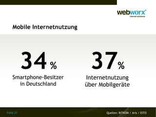 Mobile Internetnutzung




           34 %
    Smartphone-Besitzer
                              37%
                             Internetnutzung
      in Deutschland         über Mobilgeräte



Folie 21                            Quellen: BITKOM / Aris / EITO
 