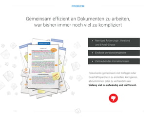 PROBLEM
2Titel
Gemeinsam effizient an Dokumenten zu arbeiten,
war bisher immer noch viel zu kompliziert
‣ Nerviges Änderungs-, Versions
und E-Mail-Chaos
Dokumente gemeinsam mit Kollegen oder
Geschäftspartnern zu erstellen, korrigieren,
abzustimmen oder zu verhandeln war
bislang viel zu aufwändig und ineffizient.
‣ Endlose Versionsvergleiche
‣ Zeitraubendes Korrekturlesen
 