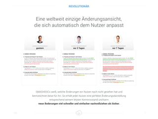 Eine weltweit einzige Änderungsansicht, 
die sich automatisch dem Nutzer anpasst
Titel 7
SMASHDOCs weiß, welche Änderungen ein Nutzer noch nicht gesehen hat und
kennzeichnet diese für ihn. So erhält jeder Nutzer eine perfekte Änderungsdarstellung
entsprechend seinem letzten Kenntnisstand und kann
neue Änderungen viel schneller und einfacher nachvollziehen als bisher.
REVOLUTIONÄR
 