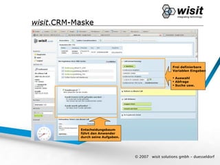 wisit.CRM-Maske




                                                       Frei definierbare
                                                       Variablen Eingaben

                                                        Auswahl
                                                        Abfrage
                                                        Suche usw.




           Entscheidungsbaum
           führt den Anwender
           durch seine Aufgaben.




                                   © 2007   wisit solutions gmbh - duesseldorf
 