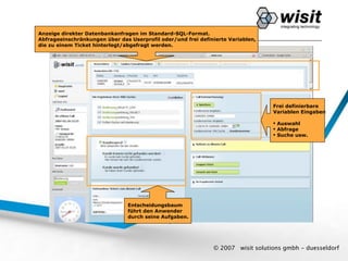 CRM-Maske überblick
    wisit.CRM-Maske
Anzeige direkter Datenbankanfragen im Standard-SQL-Format.
Abfrageeinschränkungen über das Userprofil oder/und frei definierte Variablen,
die zu einem Ticket hinterlegt/abgefragt werden.




                                                                                  Frei definierbare
                                                                                  Variablen Eingaben

                                                                                   Auswahl
                                                                                   Abfrage
                                                                                   Suche usw.




                                Entscheidungsbaum
                                führt den Anwender
                                durch seine Aufgaben.




                                                              © 2007   wisit solutions gmbh - duesseldorf
 