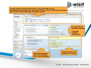 wisit.CRM-Maske
Anzeige direkter Datenbankanfragen im Standard-SQL-Format.
Abfrageeinschränkungen über das Userprofil oder/und frei definierte Variablen,
die zu einem Ticket hinterlegt/abgefragt werden.




                                                                                   Frei definierbare
                                                                                   Variablen Eingaben

                                                                                    Auswahl
                                                                                    Abfrage
                                                                                    Suche usw.




                                                                      Ticket-Aktionen und
                                Entscheidungsbaum                     Eingabe von Freitext
                                führt den Anwender
                                durch seine Aufgaben.




                                                              © 2007   wisit solutions gmbh - duesseldorf
 