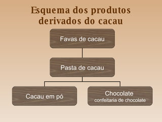Esquema dos produtos derivados do cacau Favas de cacau Pasta de cacau Cacau em pó Chocolate  confeitaria de chocolate 