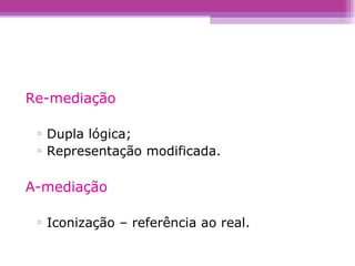 Re-mediação Dupla lógica; Representação modificada. A-mediação Iconização – referência ao real. 