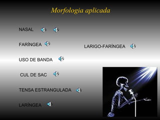 Morfologia aplicada NASAL FARÍNGEA USO DE BANDA CUL DE SAC  TENSA ESTRANGULADA LARÍNGEA LARIGO-FARÍNGEA 