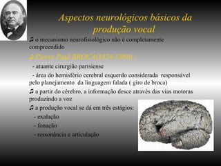 Aspectos neurológicos básicos da produção vocal  ♫   o mecanismo neurofisiológico não é completamente compreendido ♫   Pierre Paul BROCA(1824-1880) :   - atuante cirurgião parisiense - área do hemisfério cerebral esquerdo considerada  responsável pelo planejamento  da linguagem falada ( giro de broca) ♫  a partir do cérebro, a informação desce através das vias motoras produzindo a voz ♫  a produção vocal se dá em três estágios:  - exalação - fonação - ressonância e articulação  
