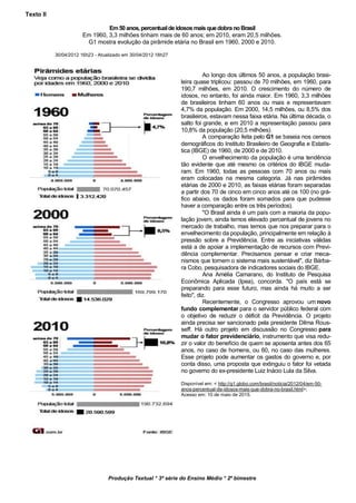 Produção Textual * 3ª série do Ensino Médio * 2º bimestre
Texto II
Em50anos,percentualdeidososmaisquedobranoBrasil
Em 1960, 3,3 milhões tinham mais de 60 anos; em 2010, eram 20,5 milhões.
G1 mostra evolução da pirâmide etária no Brasil em 1960, 2000 e 2010.
30/04/2012 16h23 - Atualizado em 30/04/2012 18h27
Ao longo dos últimos 50 anos, a população brasi-
leira quase triplicou: passou de 70 milhões, em 1960, para
190,7 milhões, em 2010. O crescimento do número de
idosos, no entanto, foi ainda maior. Em 1960, 3,3 milhões
de brasileiros tinham 60 anos ou mais e representavam
4,7% da população. Em 2000, 14,5 milhões, ou 8,5% dos
brasileiros, estavam nessa faixa etária. Na última década, o
salto foi grande, e em 2010 a representação passou para
10,8% da população (20,5 milhões).
A comparação feita pelo G1 se baseia nos censos
demográficos do Instituto Brasileiro de Geografia e Estatís-
tica (IBGE) de 1960, de 2000 e de 2010.
O envelhecimento da população é uma tendência
tão evidente que até mesmo os critérios do IBGE muda-
ram. Em 1960, todas as pessoas com 70 anos ou mais
eram colocadas na mesma categoria. Já nas pirâmides
etárias de 2000 e 2010, as faixas etárias foram separadas
a partir dos 70 de cinco em cinco anos até os 100 (no grá-
fico abaixo, os dados foram somados para que pudesse
haver a comparação entre os três períodos).
"O Brasil ainda é um país com a maioria da popu-
lação jovem, ainda temos elevado percentual de jovens no
mercado de trabalho, mas temos que nos preparar para o
envelhecimento da população, principalmente em relação à
pressão sobre a Previdência. Entre as iniciativas válidas
está a de apoiar a implementação de recursos com Previ-
dência complementar. Precisamos pensar e criar meca-
nismos que tornem o sistema mais sustentável", diz Bárba-
ra Cobo, pesquisadora de indicadores sociais do IBGE.
Ana Amélia Camarano, do Instituto de Pesquisa
Econômica Aplicada (Ipea), concorda. "O país está se
preparando para esse futuro, mas ainda há muito a ser
feito", diz.
Recentemente, o Congresso aprovou um novo
fundo complementar para o servidor público federal com
o objetivo de reduzir o déficit da Previdência. O projeto
ainda precisa ser sancionado pela presidente Dilma Rous-
seff. Há outro projeto em discussão no Congresso para
mudar o fator previdenciário, instrumento que visa redu-
zir o valor do benefício de quem se aposenta antes dos 65
anos, no caso de homens, ou 60, no caso das mulheres.
Esse projeto pode aumentar os gastos do governo e, por
conta disso, uma proposta que extinguiu o fator foi vetada
no governo do ex-presidente Luiz Inácio Lula da Silva.
Disponível em: < http://g1.globo.com/brasil/noticia/2012/04/em-50-
anos-percentual-de-idosos-mais-que-dobra-no-brasil.html>;
Acesso em: 10 de maio de 2015.
 
