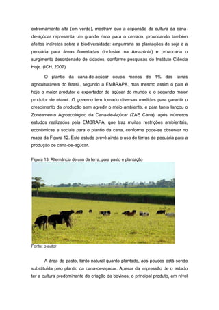 extremamente alta (em verde), mostram que a expansão da cultura da cana-
de-açúcar representa um grande risco para o cerrado, provocando também
efeitos indiretos sobre a biodiversidade: empurraria as plantações de soja e a
pecuária para áreas florestadas (inclusive na Amazônia) e provocaria o
surgimento desordenado de cidades, conforme pesquisas do Instituto Ciência
Hoje. (ICH, 2007)
O plantio da cana-de-açúcar ocupa menos de 1% das terras
agriculturáveis do Brasil, segundo a EMBRAPA, mas mesmo assim o país é
hoje o maior produtor e exportador de açúcar do mundo e o segundo maior
produtor de etanol. O governo tem tomado diversas medidas para garantir o
crescimento da produção sem agredir o meio ambiente, e para tanto lançou o
Zoneamento Agroecológico da Cana-de-Açúcar (ZAE Cana), após inúmeros
estudos realizados pela EMBRAPA, que traz muitas restrições ambientais,
econômicas e sociais para o plantio da cana, conforme pode-se observar no
mapa da Figura 12. Este estudo prevê ainda o uso de terras de pecuária para a
produção de cana-de-açúcar.
Figura 13: Alternância de uso da terra, para pasto e plantação
Fonte: o autor
A área de pasto, tanto natural quanto plantado, aos poucos está sendo
substituída pelo plantio da cana-de-açúcar. Apesar da impressão de o estado
ter a cultura predominante de criação de bovinos, o principal produto, em nível
 