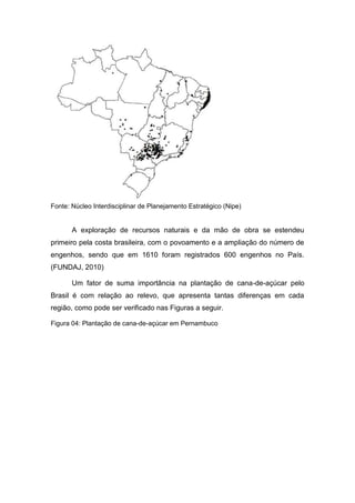 Fonte: Núcleo Interdisciplinar de Planejamento Estratégico (Nipe)
A exploração de recursos naturais e da mão de obra se estendeu
primeiro pela costa brasileira, com o povoamento e a ampliação do número de
engenhos, sendo que em 1610 foram registrados 600 engenhos no País.
(FUNDAJ, 2010)
Um fator de suma importância na plantação de cana-de-açúcar pelo
Brasil é com relação ao relevo, que apresenta tantas diferenças em cada
região, como pode ser verificado nas Figuras a seguir.
Figura 04: Plantação de cana-de-açúcar em Pernambuco
 