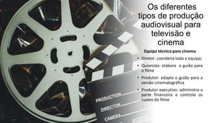Os diferentes
tipos de produção
audiovisual para
televisão e
cinema
Equipa técnica para cinema
• Diretor: coordena toda a equipa;
• Quionista: elabora o guião para
o filme
• Produtor: adapta o guião para a
versão cinematográfica
• Produtor executivo: administra a
parte financeira e controla os
custos do filme
 