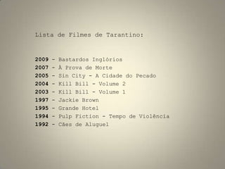 Já em 1997, Tarantino volta a dirigir sozinho um longa-metragem, com Jackie Brown, adaptação de um famoso livro do escritor americano Elmore Leonard;Antes de estrear como director em Cães de Aluguel(1992), uma das formas de captar recursos pró filme foi a venda de dois roteiros Amor à Queima-Roupa(1993) e Assassinos por Natureza(1994);