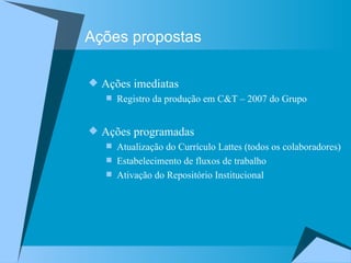 Ações propostas Ações imediatas Registro da produção em C&T – 2007 do Grupo Ações programadas Atualização do Currículo Lattes (todos os colaboradores) Estabelecimento de fluxos de trabalho Ativação do Repositório Institucional 
