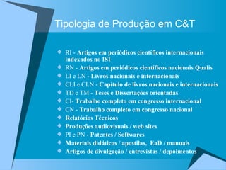 Tipologia de Produção em C&T RI -  Artigos em periódicos científicos internacionais indexados no ISI RN -  Artigos em periódicos científicos nacionais Qualis LI e LN -  Livros nacionais e internacionais  CLI e CLN -  Capítulo de livros nacionais e internacionais TD e TM -  Teses e Dissertações orientadas CI-  Trabalho completo em congresso internacional CN -  Trabalho completo em congresso nacional Relatórios Técnicos Produções audiovisuais / web sites PI e PN -  Patentes / Softwares Materiais didáticos / apostilas,  EaD / manuais Artigos de divulgação / entrevistas / depoimentos 