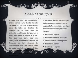 1.PRÉ-PRODUÇÃO: 
 Sem que haja um cronograma, 
análise técnica e uma divisão eficiente 
de planos por dia, não é possível dar 
conta de todos os detalhes de 
produção de um filme, além da 
eminente possibilidade de ‘queimar o 
filme’ com quem se dispõe a ajudar. 
Mas que fique claro: fazer um 
cronograma, análise técnica e plano de 
filmagem não livra ninguém de 
contratempos; mas com certeza farão 
de todos passíveis de ser resolvidos 
sem prejudicar o andamento da 
filmagem, sem necessidade de 
extremismos. 
 As etapas de uma pré-produção 
podem estar sobrepostas, mas as 
etapas são fundamentais e em algum 
momento devem estar presentes. 
São elas: 
 Escolha da Equipe 
 Reuniões gerais de produção 
 Análise técnica e cronograma 
 Escolha do Elenco 
 Reuniões de equipe 
 