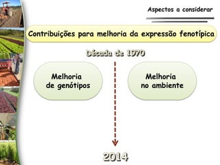 Contribuições para melhoria da expressão fenotípica
Melhoria
de genótipos
Melhoria
no ambiente
Aspectos a considerar
 
