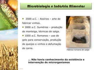 Microbiologia e Indústria Alimentar


          3500 a.C. : Assírios – arte de
     fabricar vinhos.
          3000 a.C. Sumérios – produção
     de manteiga, técnicas de salga.
          1000 a.C. Romanos – uso de
     gelo para conservação, produção
     de queijos e vinhos e defumação
     de carne.
                                           Fábrica romana de salga




            … Não havia conhecimento da existência e
            intervenção de microrganismos

IL 2010
 