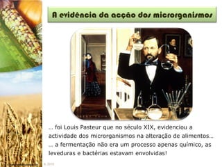 A evidência da acção dos microrganismos




   … foi Louis Pasteur que no século XIX, evidenciou a
   actividade dos microrganismos na alteração de alimentos…
   … a fermentação não era um processo apenas químico, as
   leveduras e bactérias estavam envolvidas!
IL 2010
 