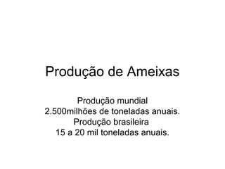 Produção de Ameixas
Produção mundial
2.500milhões de toneladas anuais.
Produção brasileira
15 a 20 mil toneladas anuais.
 