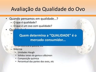 Avaliação da Qualidade do Ovo
• Quando pensamos em qualidade...?
– O que é qualidade?
– O que é um ovo com qualidade?
• Qualidade de um ovo
– Externa
• Peso e massa dos ovos
• Densidade da casca
• Espessura da casca
• Resistência à quebra, etc
– Interna
• Unidades Haugh
• Sólidos totais da gema e albúmen
• Composição química
• Percentual das partes dos ovos, etc
Precisamos entender quais os melhores índices
que um ovo de codorna pode atingir para obter a
máxima qualidade
Quem determina a “QUALIDADE” é o
mercado consumidor...
 