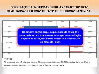 CORRELAÇÕES FENOTÍPICAS ENTRE AS CARACTERISTICAS
QUALITATIVAS EXTERNAS DE OVOS DE CODORNAS JAPONESAS
Correlação positiva
entre peso da casca e
espessura média da
casca dos ovos
Os autores sugerem que a qualidade da casca dos
ovos pode ser estimada usando-se apenas a avaliação
do peso da casca, não sendo necessária a espessura
da casca dos ovos
 