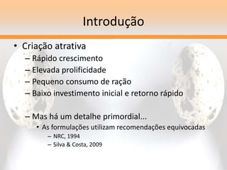 Introdução
• Criação atrativa
– Rápido crescimento
– Elevada prolificidade
– Pequeno consumo de ração
– Baixo investimento inicial e retorno rápido
– Mas há um detalhe primordial...
• As formulações utilizam recomendações equivocadas
– NRC, 1994
– Silva & Costa, 2009
 