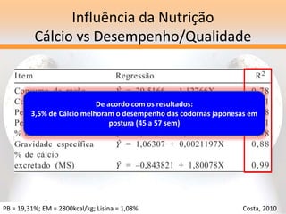 Influência da Nutrição
Cálcio vs Desempenho/Qualidade
PB = 19,31%; EM = 2800kcal/kg; Lisina = 1,08% Costa, 2010
De acordo com os resultados:
3,5% de Cálcio melhoram o desempenho das codornas japonesas em
postura (45 a 57 sem)
 