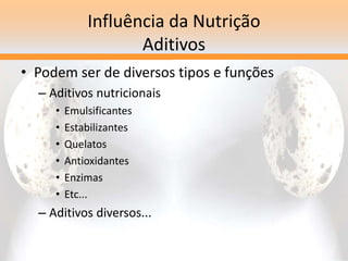 Influência da Nutrição
Aditivos
• Podem ser de diversos tipos e funções
– Aditivos nutricionais
• Emulsificantes
• Estabilizantes
• Quelatos
• Antioxidantes
• Enzimas
• Etc...
– Aditivos diversos...
 
