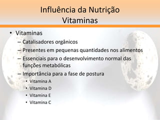 Influência da Nutrição
Vitaminas
• Vitaminas
– Catalisadores orgânicos
– Presentes em pequenas quantidades nos alimentos
– Essenciais para o desenvolvimento normal das
funções metabólicas
– Importância para a fase de postura
• Vitamina A
• Vitamina D
• Vitamina E
• Vitamina C
 