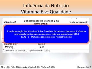 Influência da Nutrição
Vitamina E vs Qualidade
PB = 18%; EM = 2800kcal/kg; Cálcio=2,5%; Fósforo=0,55% Marques, 2010
A suplementação das Vitaminas A, D e E na dieta de codornas japonesas é eficaz na
incorporação destas na gema dos ovos, visto que aumentaram 536,3
13,43 e 479% suas concentrações, respectivamente
 