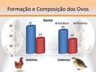 Formação e Composição dos Ovos
0
10
20
30
Galinhas Codornas
27
23
15 14
Gema
Gordura Proteína
 