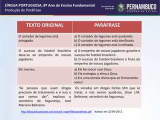 LÍNGUA PORTUGUESA, 8º Ano do Ensino Fundamental
Produção de Paráfrase
TEXTO ORIGINAL PARÁFRASE
O cortador de legumes está
estragado.
a) O cortador de legumes está quebrado.
b) O cortador de legumes está danificado.
c) O cortador de legumes está inutilizado.
O sucesso do futebol brasileiro
deve-se ao empenho de nossos
jogadores.
a) O empenho de nossos jogadores garante o
sucesso do futebol brasileiro.
b) O sucesso do futebol brasileiro é fruto do
empenho de nossos jogadores.
Ele morreu. a) Ele foi morar com Deus.
b) Ele entregou a alma a Deus.
c) Era uma estrela divina que ao firmamento
voou!
“As pessoas que usam drogas
precisam de tratamento e é isso o
que vamos dar”, explicou o
secretário de Segurança, José
Mariano Beltrame.
Os viciados em drogas ilícitas têm que se
tratar, e nós vamos ajudá-los, disse J.M.
Beltrame, secretário de Segurança.
http://blog.educacional.com.br/prof_roger/files/parafrase.pdf Acesso em 22-06-2012.
 