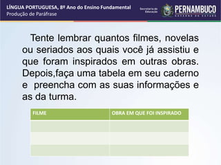 LÍNGUA PORTUGUESA, 8º Ano do Ensino Fundamental
Produção de Paráfrase
Tente lembrar quantos filmes, novelas
ou seriados aos quais você já assistiu e
que foram inspirados em outras obras.
Depois,faça uma tabela em seu caderno
e preencha com as suas informações e
as da turma.
FILME OBRA EM QUE FOI INSPIRADO
 