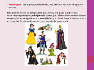 Personagens - São as peças fundamentais, pois sem elas não haveria o próprio
enredo.
Há a predominância de personagens que se destacam pelos atos heroicos,
chamadas de principais - protagonistas, outras que se relacionam pelo seu caráter
de oposição, as antagonistas, e as secundárias, que não se destacam tanto quanto
as primárias, funcionando apenas como suporte da trama em si

 