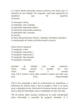 6. A partir desses elementos, procure juntá-los num texto, que é o
rascunho de sua redação. Por enquanto, você pode agrupá-los na
seqüência
que
foi
sugerida:
Os passos
1) interrogar o tema;
2) responder, com a opinião;
3) apresentar argumento básico;
4) apresentar argumentos auxiliares;
5) apresentar fato- exemplo;
6) concluir.
(in Novo Manual da Nova Cultural - Redação, Gramática, Literatura
e Interpretação de Textos, de Emília Amaral e outros)
Como ficaria o esquema
1º parágrafo: a tese
2º parágrafo: argumento 1
3º parágrafo: argumento 2
4º parágrafo: fato-exemplo
5º parágrafo: conclusão
Exemplo
de
redação
com
esse
esquema:
Tema:
Como
encarar
a
questão
do
erro
Título:
Buscar
o
sucesso
Tese 1º§ O homem nunca pôde conhecer acertos sem lidar com
seus
erros.
Argumentação
2º§ O erro pressupõe a falta de conhecimento ou experiência, a
deficiência de sintonia entre o que se propõe a fazer e os meios
para a realização do ato. Deriva-se de inúmeras causas, que incluem
tanto a falta de informação, como a inabilidade em lidar com elas.
3º§ Já acertar, obter sucesso, constitui-se na exata coordenação
entre informação e execução de qualquer atividade. É o

 