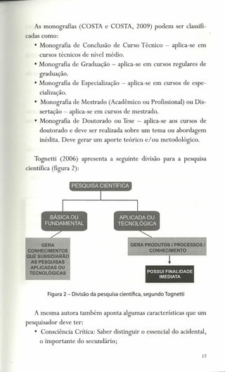 f


       As monografias (COSTA e COSTA, 2009) podem ser classifi-
    cadas como:
       • Monografia de Conclusão de Curso Técnico - aplica-se em
         cursos técnicos de nível médio.
       • Monografia de Graduação - aplica-se em cursos regulares de
         graduação.
       • Monografia de Especialização - aplica-se em cursos de espe-
         cialização.
       • Monografia de Mestrado (Acadêmico ou Profissional) ou Dis-
         sertação - aplica-se em cursos de mestrado.
       • Monografia de Doutorado          ou Tese - aplica-se aos cursos de
         doutorado e deve ser realizada sobre um tema ou abordagem
         inédita. Deve gerar um aporte teórico e/ ou metodológico.


       Tognetti (2006) apresenta a seguinte divisão para a pesquisa
    científica (figura 2):




         GERA
    CONHECIMENTOS
    QUE SUBSIDIARÃO
     AS PESGUISAS
     APLICADAS OU
     TEeNOLÓGICAS                                       POSSUI FINALIDADE
                                                            IMEDIATA



             Figura 2 - Divisão da pesquisa científica, segundo Tognetti


       A mesma autora também aponta algumas características que um
    pesquisador deve ter:
       • Consciência Crítica: Saber distinguir o essencial do acidental,
         o importante    do secundário;

                                                                            17
 