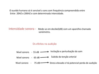 O ouvido humano só é sensível a sons com frequência compreendida entre  Entre  20HZ e 20KHZ e com determinada intensidade.Intensidade sonora -  Mede-se em decibel(dB) com um aparelho chamado sonómetro. Os efeitos na audiçãoIncitação e perturbação do somNível sonoro    -  55 dBSubida da tenção arterial Nível sonoro    -   65 dBNível sonoro    -     75 dBStress elevado e há potencial perda de audição 
