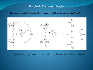 Reação de Transesterificação 
Mecanismo da Reação de transesterificação não catalisada 
Triglicerídeo + 3 Álcool ------ 3 Ésteres Alquílicos + Glicerol 
 