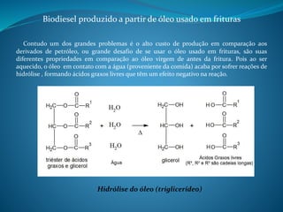 Biodiesel produzido a partir de óleo usado em frituras 
Contudo um dos grandes problemas é o alto custo de produção em comparação aos 
derivados de petróleo, ou grande desafio de se usar o óleo usado em frituras, são suas 
diferentes propriedades em comparação ao óleo virgem de antes da fritura. Pois ao ser 
aquecido, o óleo em contato com a água (proveniente da comida) acaba por sofrer reações de 
hidrólise , formando ácidos graxos livres que têm um efeito negativo na reação. 
Hidrólise do óleo (triglicerídeo) 
 