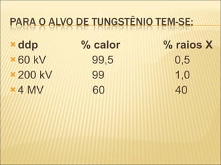 ddp  % calor  % raios X 60 kV  99,5  0,5 200 kV  99  1,0 4 MV  60  40 