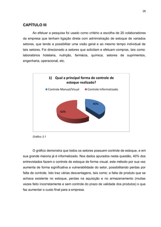 28




CAPÍTULO III

      Ao efetuar a pesquisa foi usado como critério a escolha de 20 colaboradores
da empresa que tenham ligação direta com administração de estoque de variados
setores, que tende a possibilitar uma visão geral e ao mesmo tempo individual de
tais setores. Foi direcionado a setores que solicitam e efetuam compras, tais como:
laboratórios hotelaria, nutrição, farmácia, química; setores de suprimentos,
engenharia, operacional, etc.




                    1) Qual a principal forma de controle de
                              estoque realizado?
                    Controle Manual/Visual   Controle Informatizado



                                                 40%

                            60%




      Gráfico 3.1




      O gráfico demonstra que todos os setores possuem controle de estoque, e em
sua grande maioria já é informatizado. Nos dados apurados nesta questão, 40% dos
entrevistados fazem o controle de estoque de forma visual, este método por sua vez
aumenta de forma significativa a vulnerabilidade do setor, possibilitando perdas por
falta de controle. Isto traz várias desvantagens, tais como: a falta de produto que se
achava existente no estoque, perdas na aquisição e no armazenamento (muitas
vezes feito incorretamente e sem controle do prazo de validade dos produtos) o que
faz aumentar o custo final para a empresa.
 
