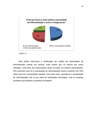 34




                 7) De que forma o Sr(a) analisa a necessidade
                  de informatização a curto e a longo prazo?

                               25%
                                                    50%


                             25%




              Já é informatizado              Vê a necessidade imediata
              Vê necessidade futura

       Gráfico 3.7




      Este gráfico demonstra a distribuição por análise de necessidade de
informatização colhida nos setores, onde mostra que na maioria dos casos
coletados, onde 60% dos entrevistados dizem já existir um sistema informatizado,
25% entendem que há a necessidade de informatização futura e também com 25%
crêem que há a necessidade imediata. Com base nisso, percebe-se a necessidade
de informatização não só por parte de atualização tecnológica, mas as pessoas
acreditam que facilitará o processo de trabalho.
 