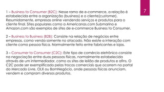 1 – Business to Consumer (B2C): Nesse ramo de e-commerce, a relação é 7 
estabelecida entre a organização (business) e o cliente(customer). 
Resumidamente, empresas online vendendo serviços e produtos para o 
cliente final. Sites populares como a Americanas.com Submarino e 
Amazon.com são exemplos de sites de e-commerce Business to Consumer. 
2 – Business to Business (B2B): Consiste na relação de negócios entre 
empresas, como venda somente no atacado. Não existe a interação com 
cliente como pessoa física. Normalmente feito entre fabricantes e lojas. 
3 – Consumer to Consumer (C2C): Este tipo de comércio eletrônico consiste 
na negociação entre duas pessoas físicas, normalmente estabelecida 
através de um intermediador, como os sites de leilão de produtos e afins. O 
C2C pode ser exemplificado pelas trocas comerciais que ocorrem no portal 
do Mercado Livre, OLX ou BomNegócio, onde pessoas físicas anunciam, 
vendem e compram diversos produtos. 
 