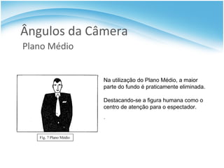 Ângulos da Câmera Plano Médio Na utilização do Plano Médio, a maior parte do fundo é praticamente eliminada.  Destacando-se a figura humana como o centro de atenção para o espectador. . 