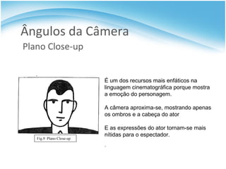 Ângulos da Câmera Plano Close-up É um dos recursos mais enfáticos na linguagem cinematográfica porque mostra a emoção do personagem. A câmera aproxima-se, mostrando apenas os ombros e a cabeça do ator  E as expressões do ator tornam-se mais nítidas para o espectador. . 