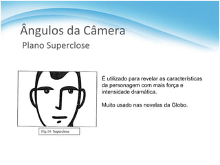 Ângulos da Câmera Plano Superclose É utilizado para revelar as características da personagem com mais força e intensidade dramática. Muito usado nas novelas da Globo. 