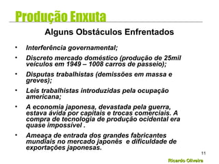 Ricardo OliveiraRicardo Oliveira
11
• Interferência governamental;
• Discreto mercado doméstico (produção de 25mil
veículos em 1949 – 1008 carros de passeio);
• Disputas trabalhistas (demissões em massa e
greves);
• Leis trabalhistas introduzidas pela ocupação
americana;
• A economia japonesa, devastada pela guerra,
estava ávida por capitais e trocas comerciais. A
compra de tecnologia de produção ocidental era
quase impossível .
• Ameaça de entrada dos grandes fabricantes
mundiais no mercado japonês e dificuldade de
exportações japonesas.
Alguns Obstáculos Enfrentados
Produção Enxuta
 